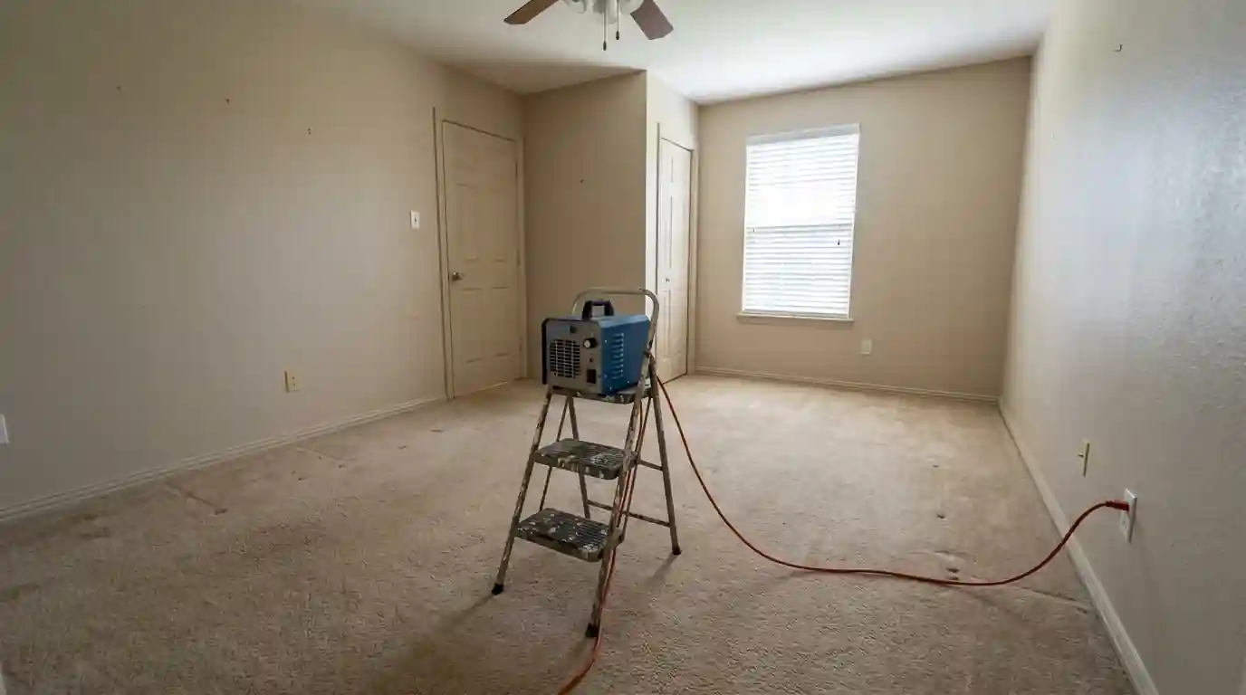 Ozone generator set up in an emptied bedroom for odor treatment