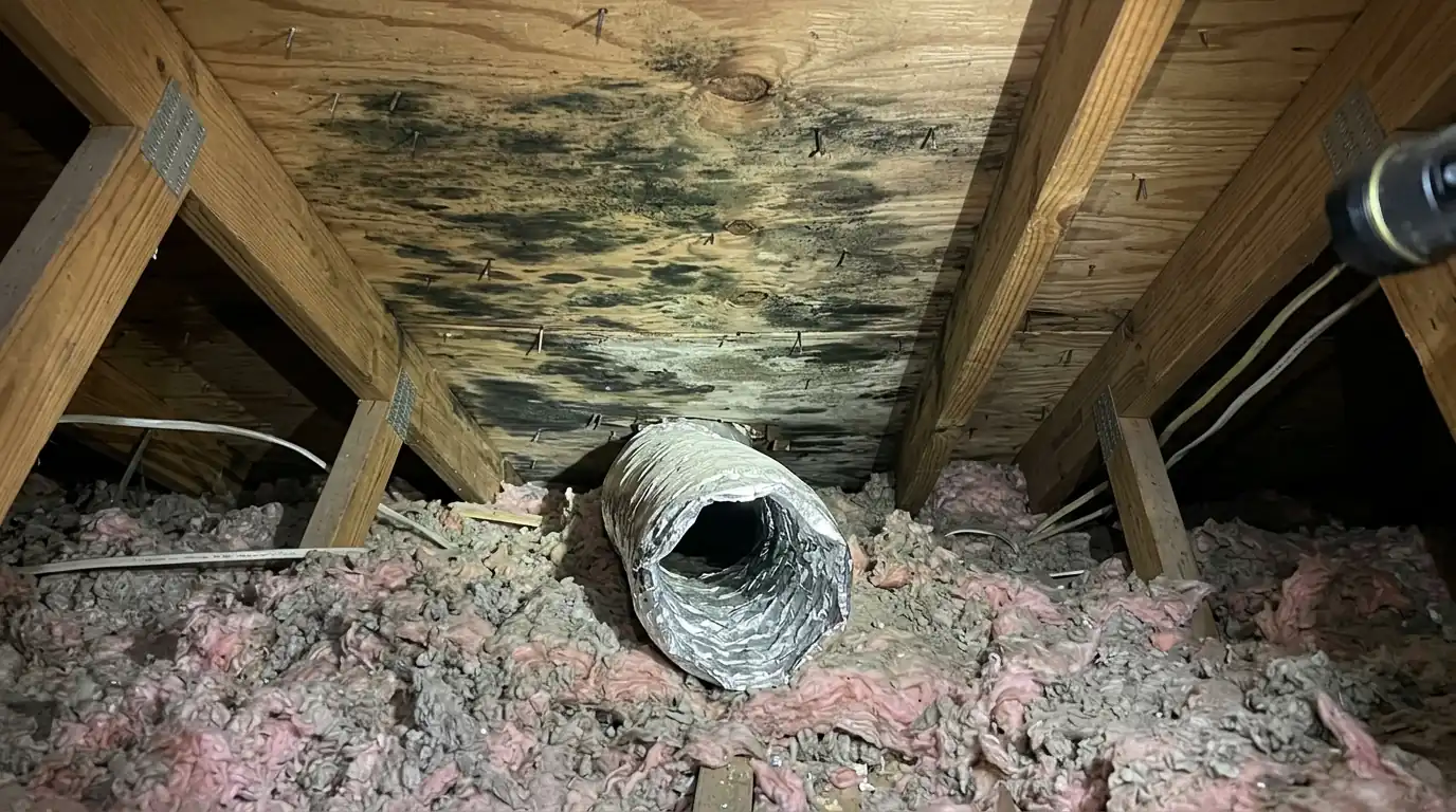 Disconnected bath fan duct blowing moisture onto attic decking