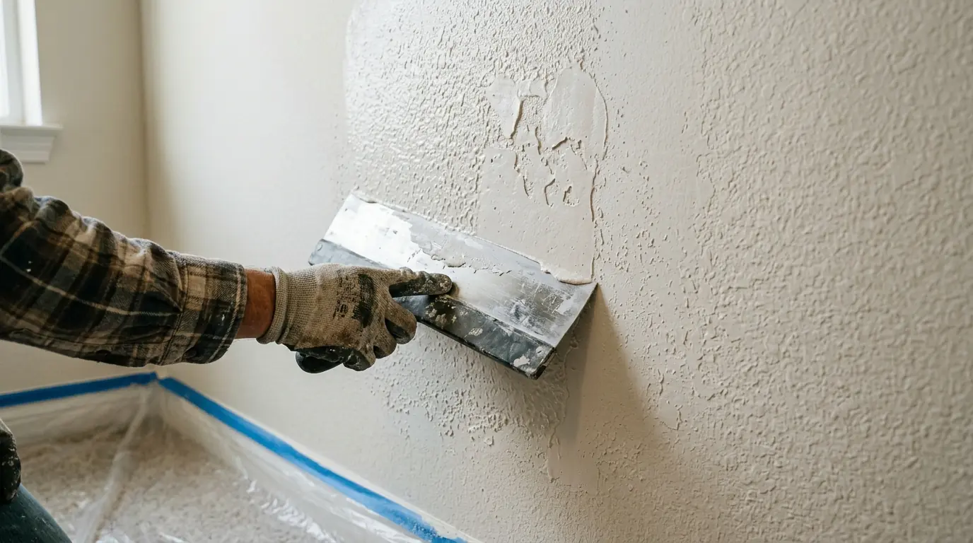 Knockdown texture matched on a repaired bedroom wall
