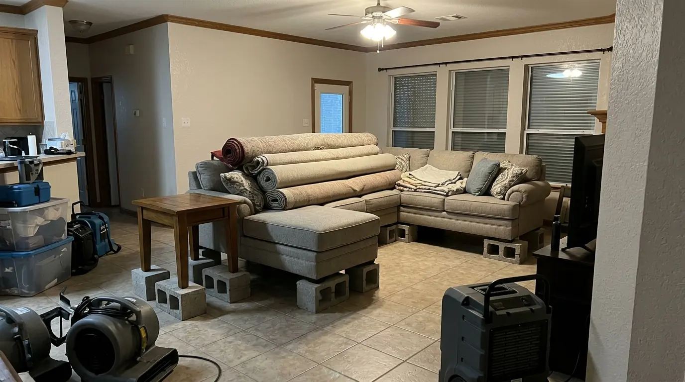 Furniture set on blocks and rugs rolled up before a hurricane