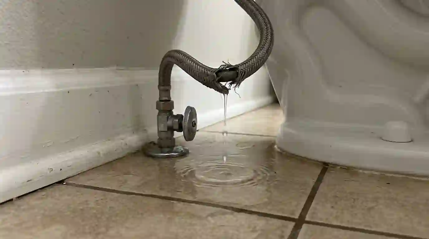 Burst braided supply hose behind a toilet