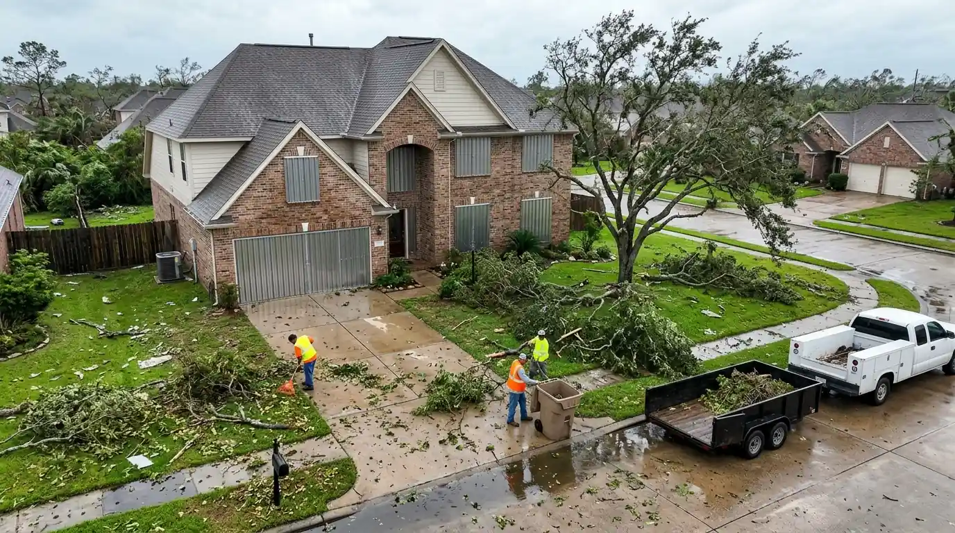 Shuttered Seabrook house with storm debris across the driveway