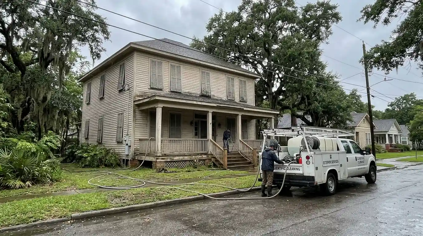 Shuttered older wood house in Galveston closed up between visits