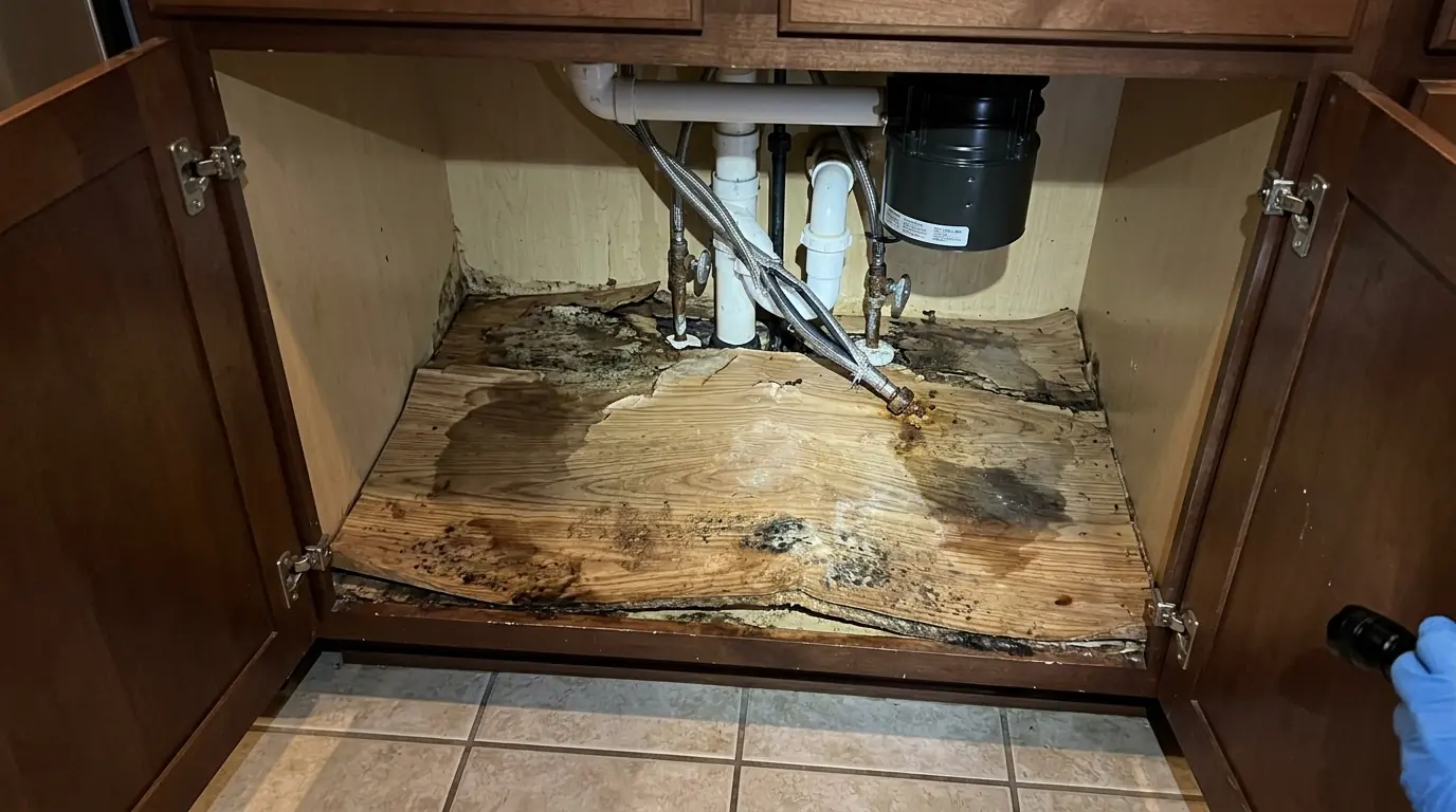Split supply hose and swollen cabinet floor under a kitchen sink