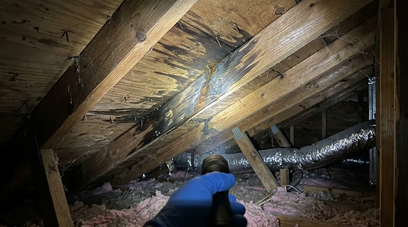 Water trails on attic roof decking from a roof leak