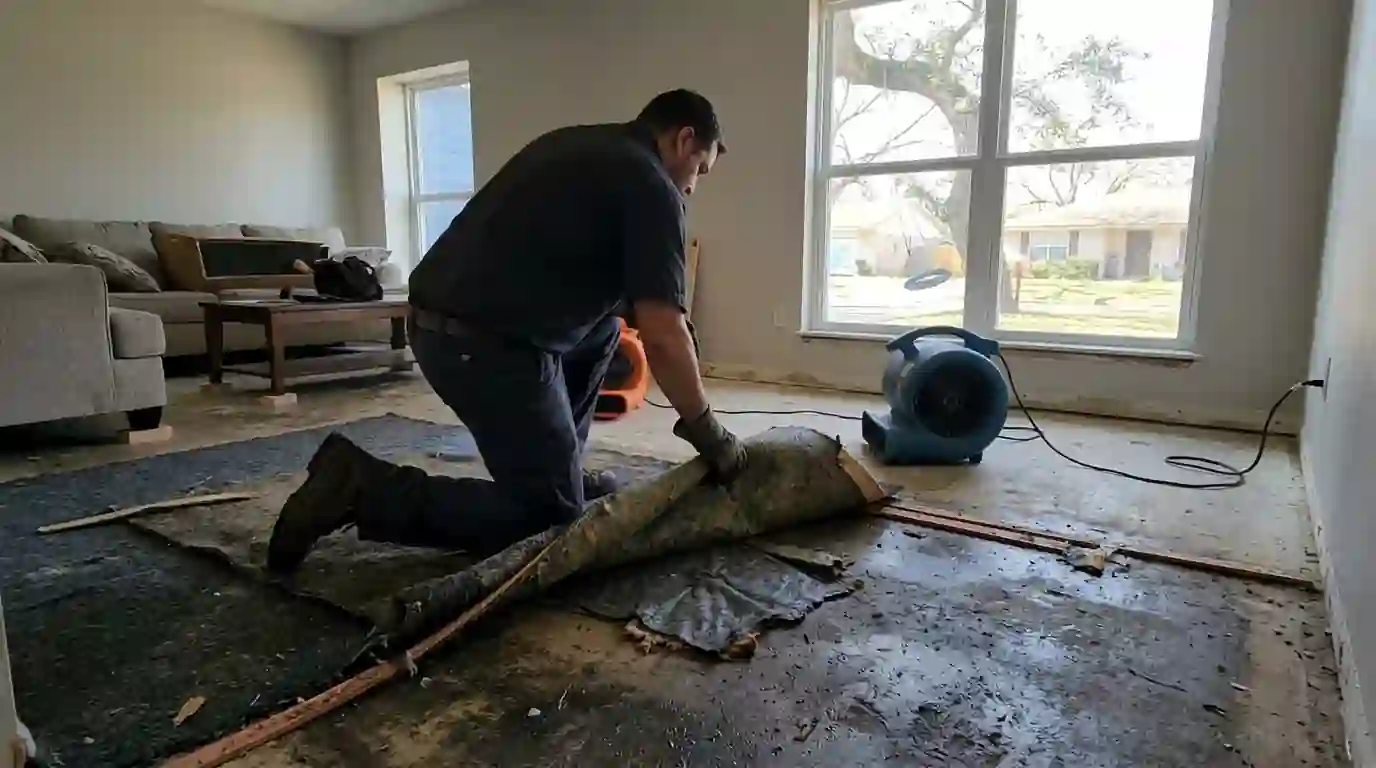 Wet carpet and pad pulled back to dry the slab in a League City living room