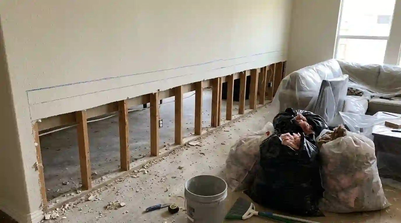 Four-foot flood cut with insulation removed from an exterior wall