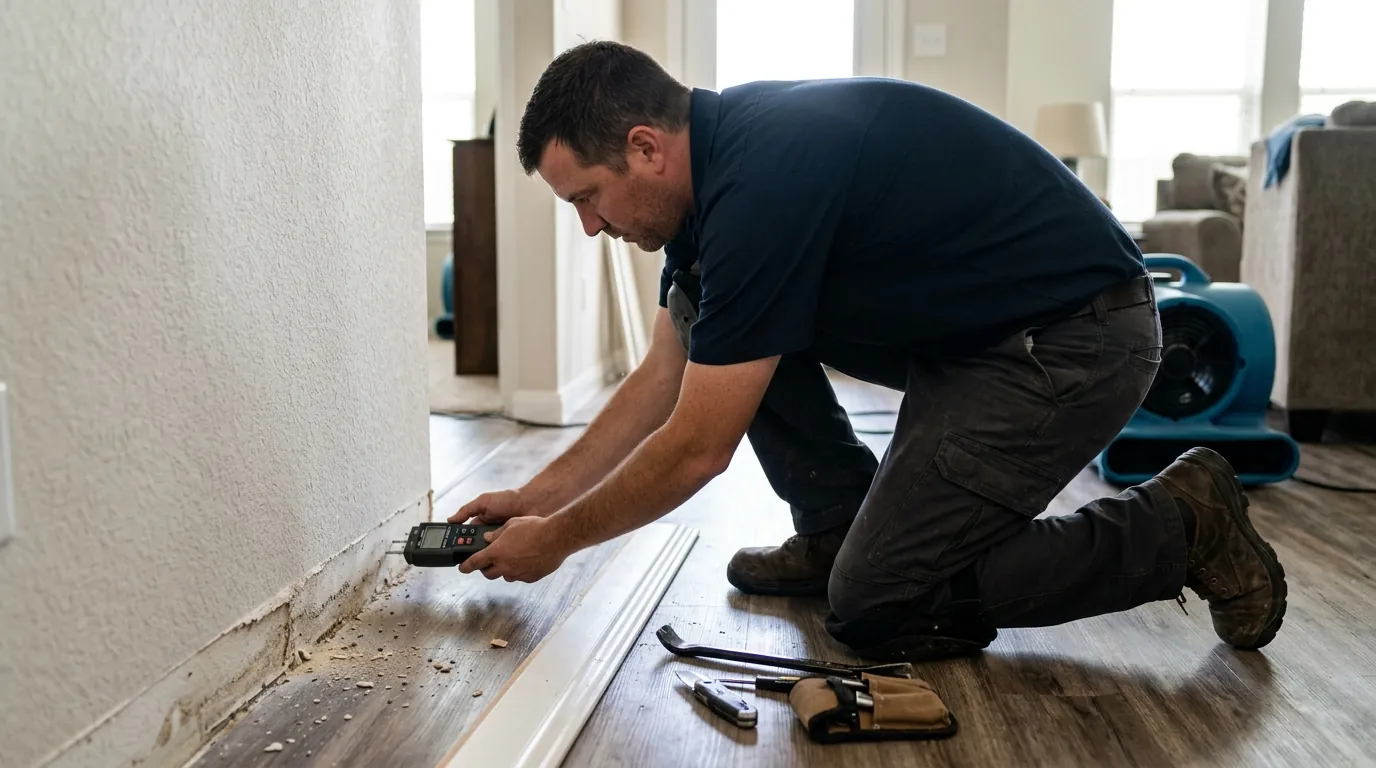 Technician taking a moisture reading on drywall