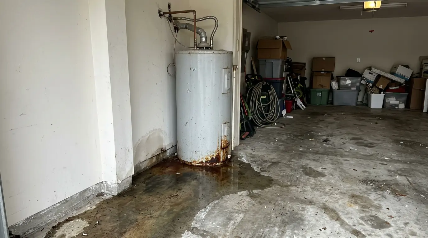 Rusted water heater leaking in a Brittany Lakes garage