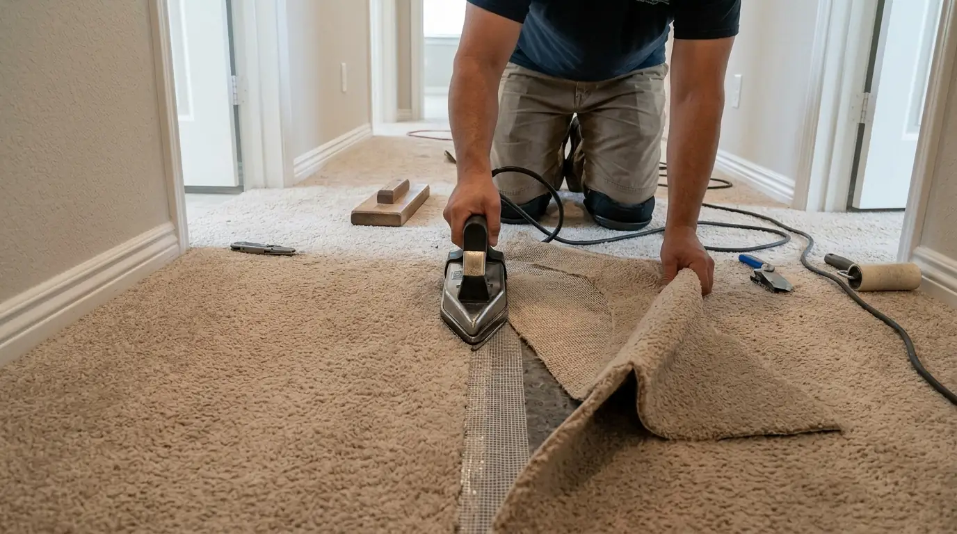 Hallway carpet seam being rejoined with new seam tape