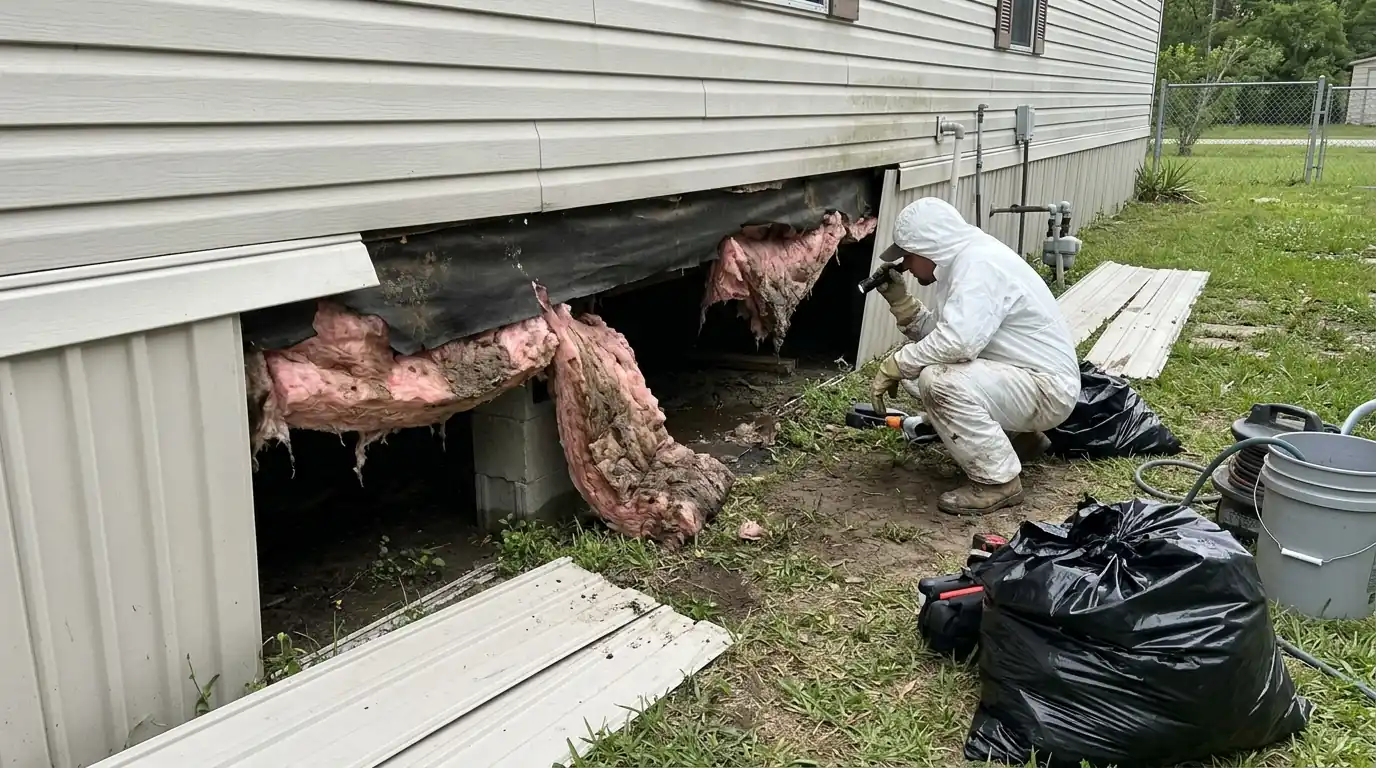 Wet insulation under a flooded manufactured home in Brazoria County