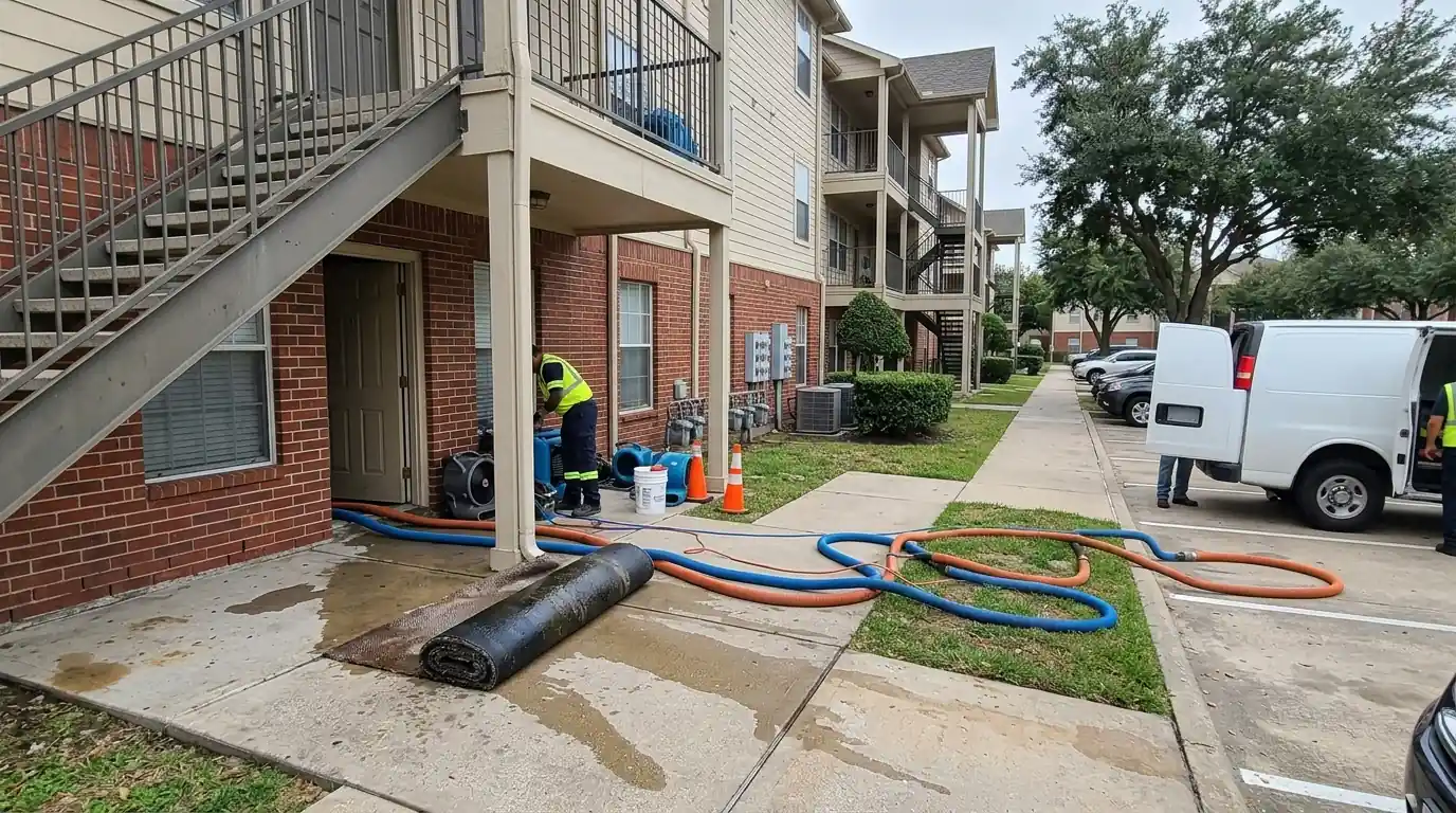 Wet carpet pulled from a Webster apartment after a leak