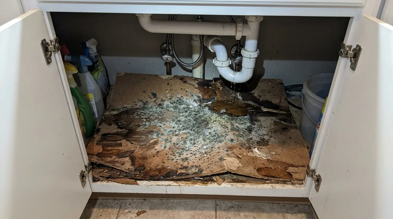 Mold on a swollen sink cabinet floor from a slow drain leak
