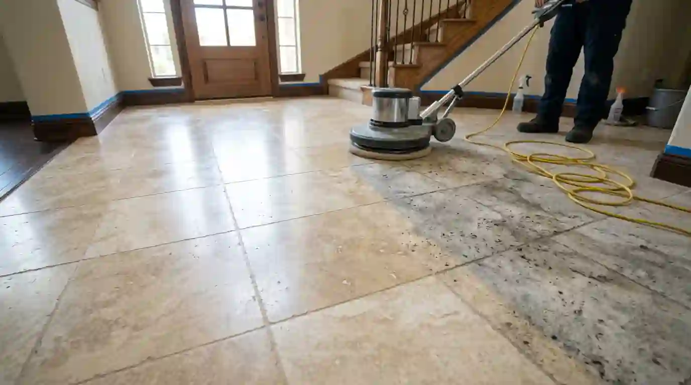 Travertine entry floor partway through a stone-safe cleaning